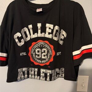 No Boundaries Black Graphic Crop Tee with Red and White Stripes